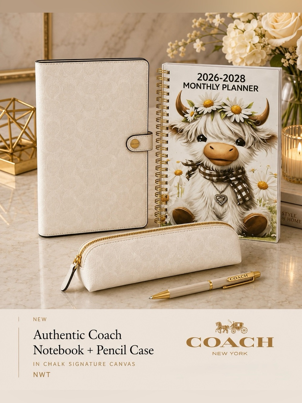 NEW Coach Notebook & Pencil Case Set White Signature Canvas CZ198 CZ206 NWT